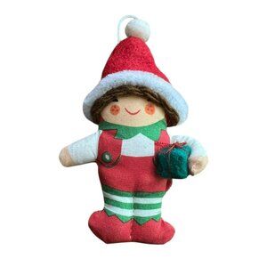 Elf Ornament Brooch With Red Santa Hat Green Gift Safety Pin Back 3 In